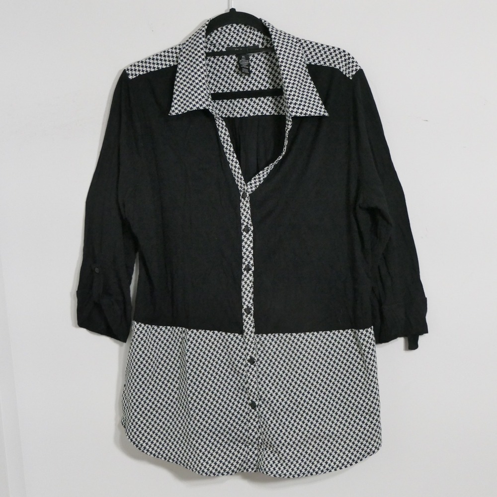 Style & Co Womens Shirt XL Black Houndstooth Mixed Media Dark Academia